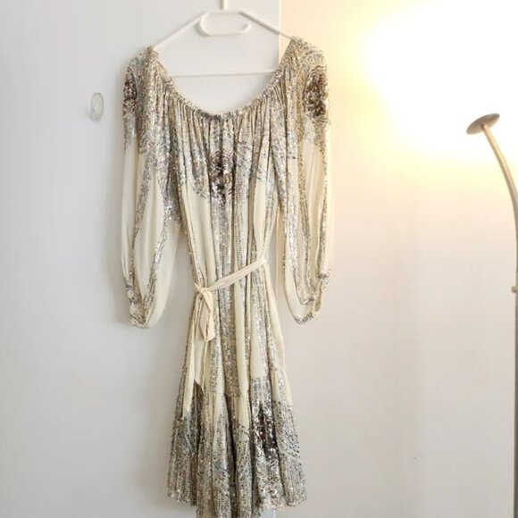 Jen's Pirate Booty Celestial Mini Dress Sequin Sparkle Ivory Tea Embroidered - Picture 4 of 13